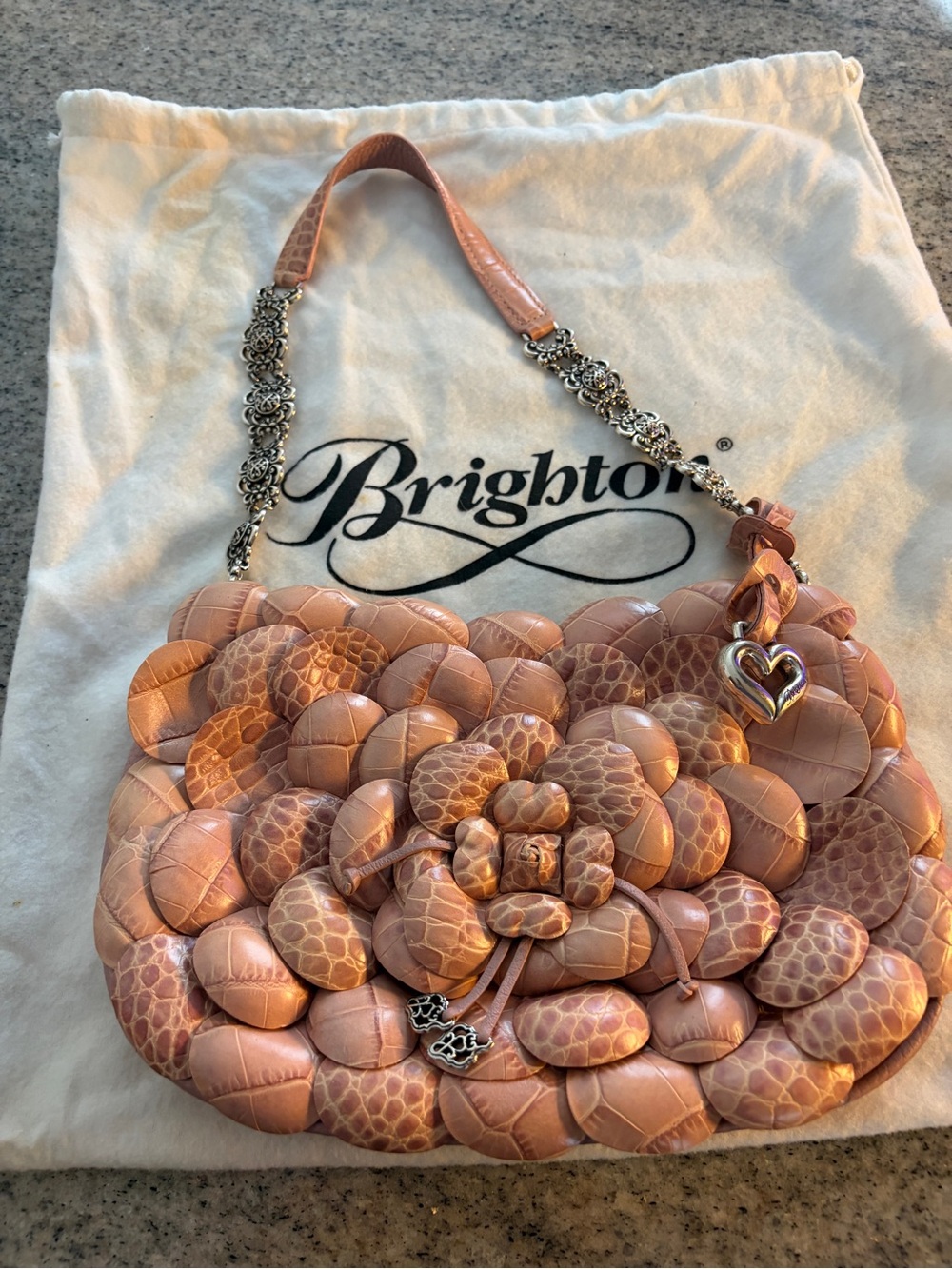 Brighton Peach Pink Quilted Floral Shoulder Bag with Heart Charm